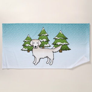 Serviette De Plage Crème Anglaise Golden Retriever En Hiver & Arbres