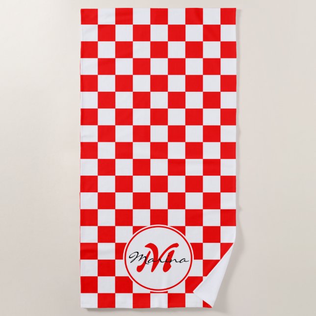 Serviette De Plage Croatie | Hrvatska | Nom À damiers Monogramme (Devant)