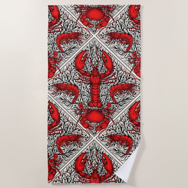 Serviette De Plage Crustacés en rouge, noir et ivoire (Devant)