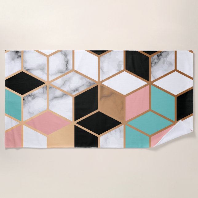 Serviette De Plage Cube Abstrait rose Turquoise Motif sur marbre (Devant)