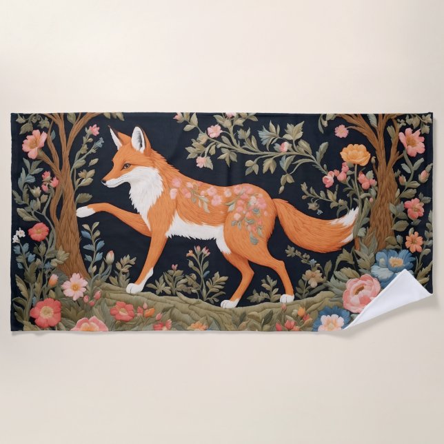 Serviette De Plage Curieux Fox Faux Broderie Élégant Floral (Devant)