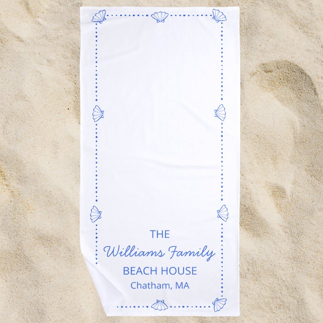 Serviette De Plage Custom Family Beach House Coastal Blue Shell Chic (Créateur téléchargé)