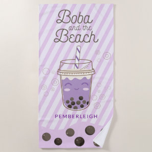 Serviette De Plage Cute Boba Buble Thé Purple Stripes