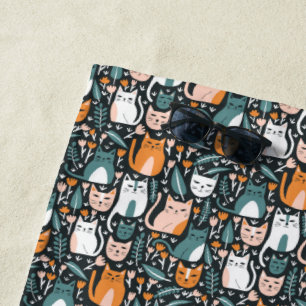 Serviette De Plage Cute Cats Coloré Botanique Motif Floral