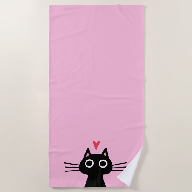 Serviette De Plage Cute Chat noir au coeur (Devant)