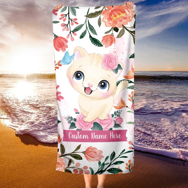 Serviette De Plage Cute Chat Roses Roses Roses Roses Roses Fleurs Ros (Créateur téléchargé)