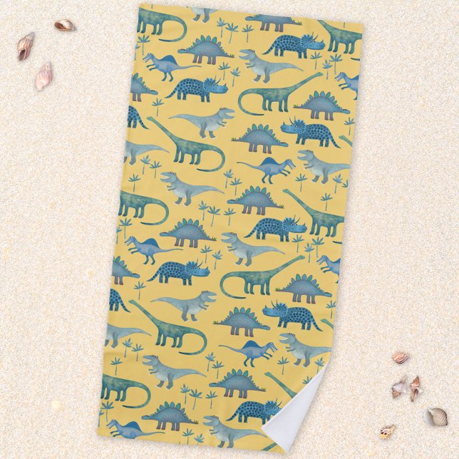 Serviette De Plage Cute Dinosaure préhistorique Motif Jaune (Fun prehistoric dinosaur pattern beach towel for paleontologists of all ages)