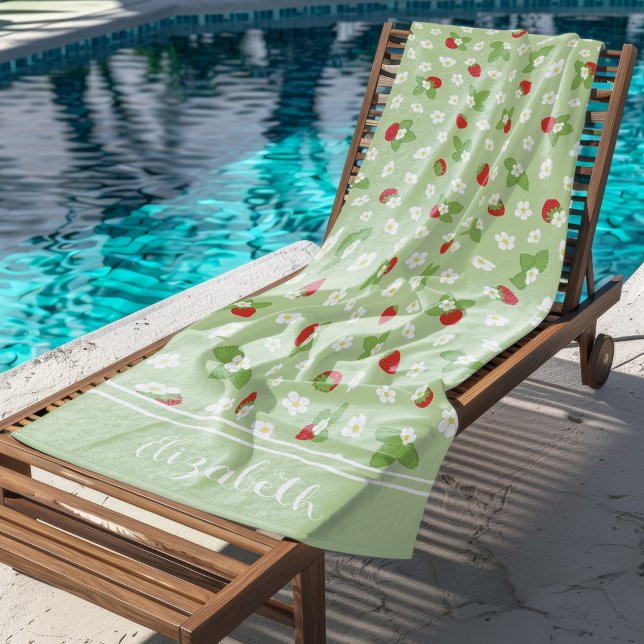 Serviette De Plage Cute fraise florale Nom personnalisé Été (Créateur téléchargé)