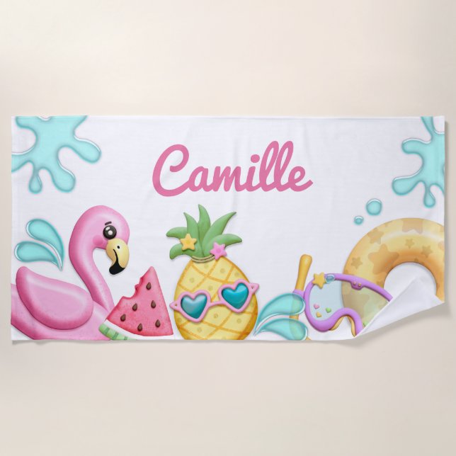 Serviette De Plage Cute Girl Flamant rose tropical Personnalisé (Devant)