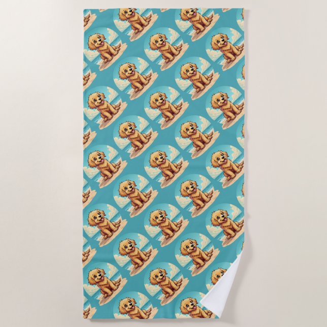 Serviette De Plage Cute Golden Puppy at Sunny Beach Scene (Devant)