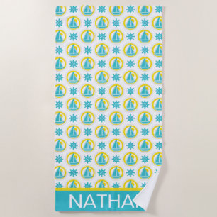 Serviette De Plage Cute Jaune et bleu Motif nautique Personnalisé