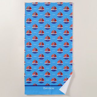 Serviette De Plage Cute Kids Motif bateau à voile Ocean Blue