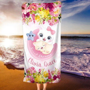 Serviette De Plage Cute Kitten Friends Blush Pink Flowers Nom personn