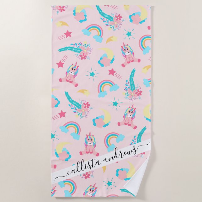 Serviette De Plage Cute Pink Teal Unicorn Rainbow (Devant)