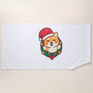 Serviette De Plage Cute Shiba Inu Sourire avec le Casquette de Noël A