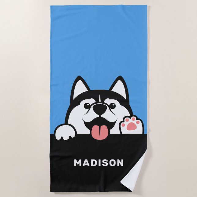 Serviette De Plage Cute Siberian Husky nom personnalisé (Devant)
