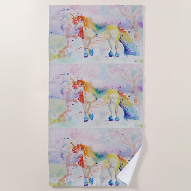 Serviette De Plage Cute Unicorn Aquarelle Girls Beach Towel (Devant)