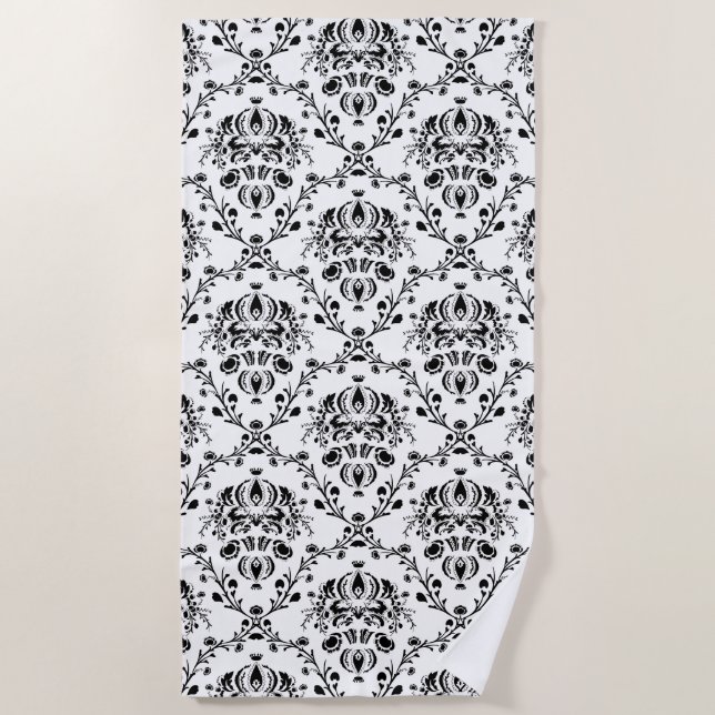 Serviette De Plage Damask blanc et noir (Devant)