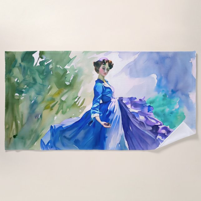 Serviette De Plage Dame en Robe Bleue - Peinture aquarelle (Devant)
