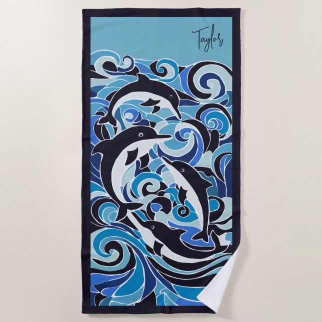 Serviette De Plage Dauphins Bleus & Vagues personnalisables (Devant)