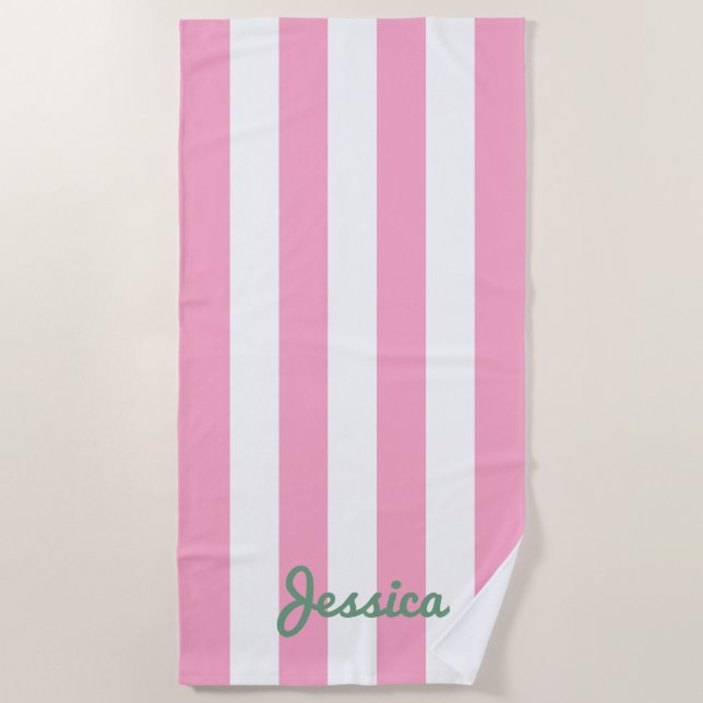 Serviette de plage de Cabana rose et blanc (Devant)