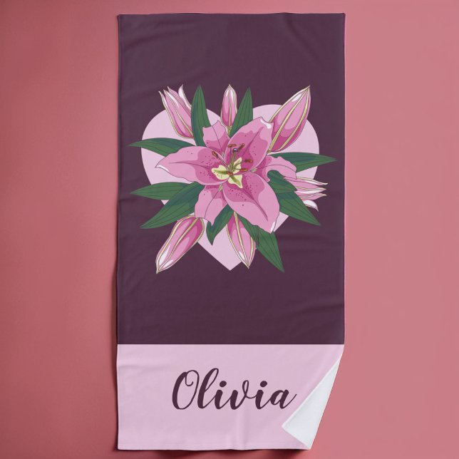 Serviette de plage de Coeur doux en fleurs violett (Purple Blooming Lily Sweet Heart Beach Towel)
