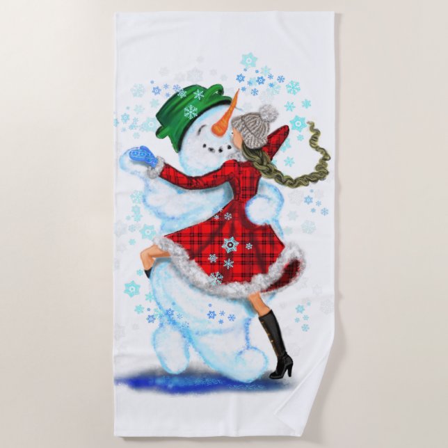 Serviette de plage de Noël Snowman and Girl Dancin (Devant)