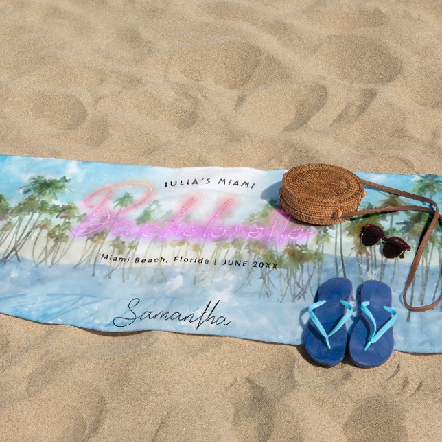 Serviette De Plage Demoiselle d'honneur Palmiers Tropicaux Néon | Mon (Créateur téléchargé)