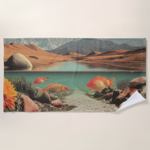 Serviette De Plage Désert et lac surréalistes avec poissons rouges