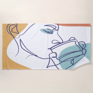 Serviette De Plage dessin d'art affiche d'une femme buvant du café
