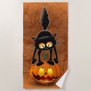 Serviette De Plage Dessin d'Halloween au chat effrayé sur Citrouille