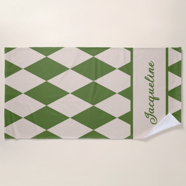 Serviette De Plage Diamant personnalisé À damiers vert + beige (Devant)
