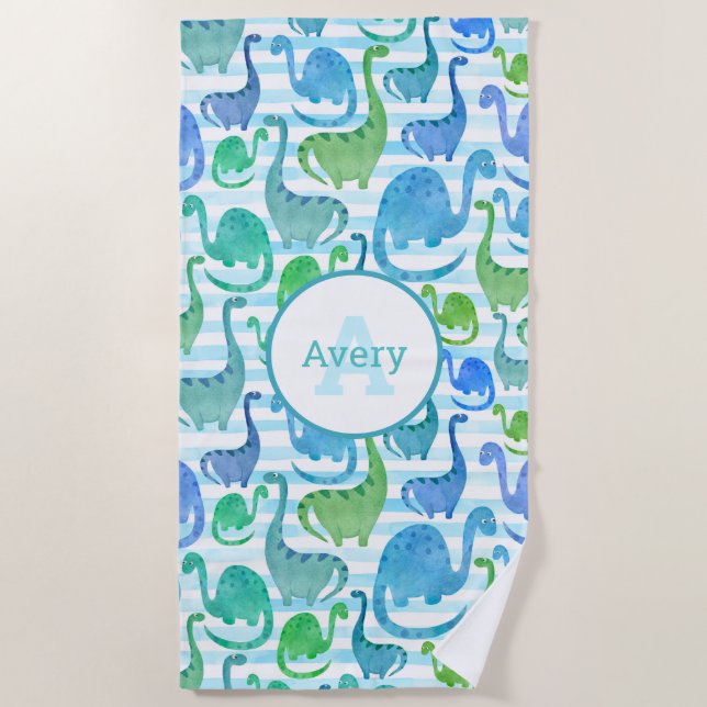 Serviette De Plage Dino Stripe Aquarelle Dinosaures Personnalisé (Devant)