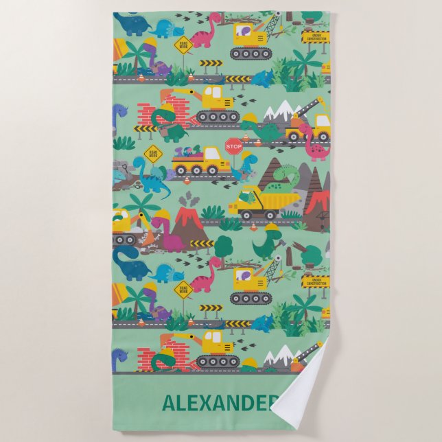 Serviette De Plage Dinosaur enfants de construction personnalisée (Devant)