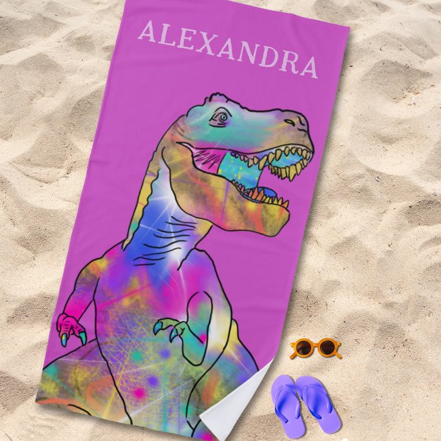 Serviette De Plage Dinosaure de nom de fille personnalisée (Colorful dinosaur T-rex custom name pink beach towel funky dino for girls)