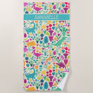 Serviette De Plage Dinosaure Floral Folk Silhouettes Belles Filles