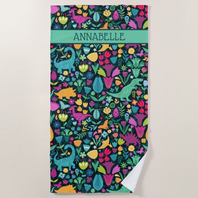 Serviette De Plage Dinosaure Floral Folk Silhouettes Belles Filles (Devant)