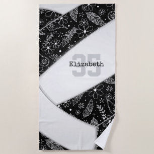 Serviette De Plage doodle floral artsy motif volleyball noir