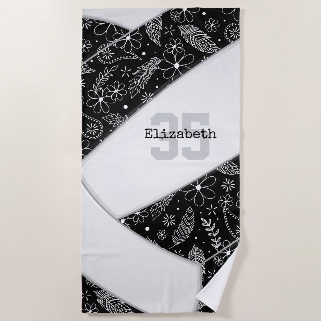 Serviette De Plage doodle floral artsy motif volleyball noir (Devant)