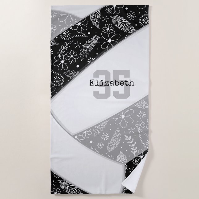 Serviette De Plage doodle floral artsy volley gris noir (Devant)