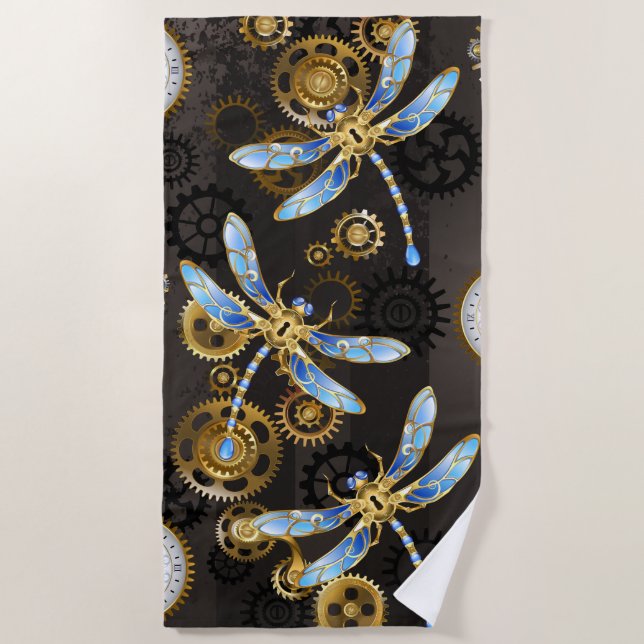 Serviette De Plage Dragonflies de Steampunk sur arrière - plan rayé b (Devant)