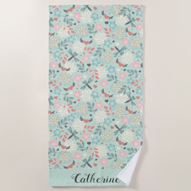 Serviette De Plage Dragonflies et Coeurs Floral (Devant)