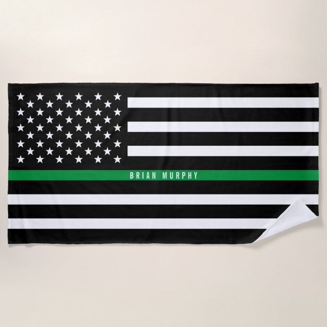 Serviette De Plage Drapeau Militaire Légère Ligne Verte Monogramme (Devant)