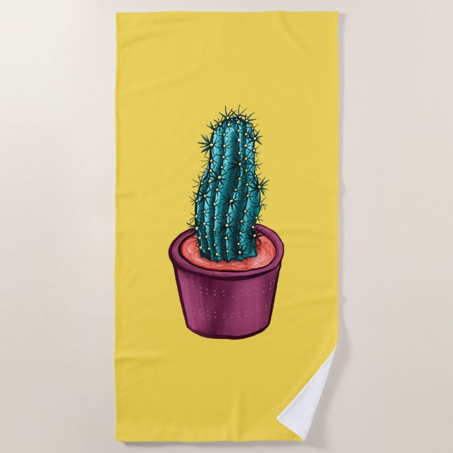 Serviette De Plage Drôle Cactus Pot Jaune Bizarre Trippé Psychédéliqu (Devant)