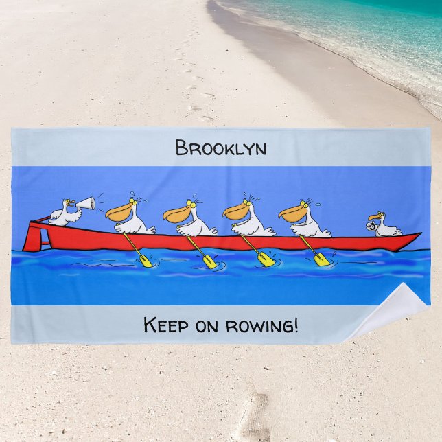 Serviette De Plage Drôle pélicans équipe de rameurs dessin personnali (Have fun at the beach with this rowing pelicans cartoon towel.)