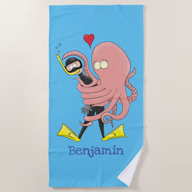 Serviette De Plage Drôle pieuvre embrasse plongeur dessin animé humou (Devant)