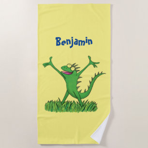Serviette De Plage Drôle vert souriant animé lézard d'iguane
