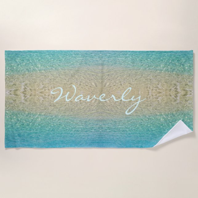 Serviette De Plage Eau faible Personnalisée Turquoise & Sable (Devant)