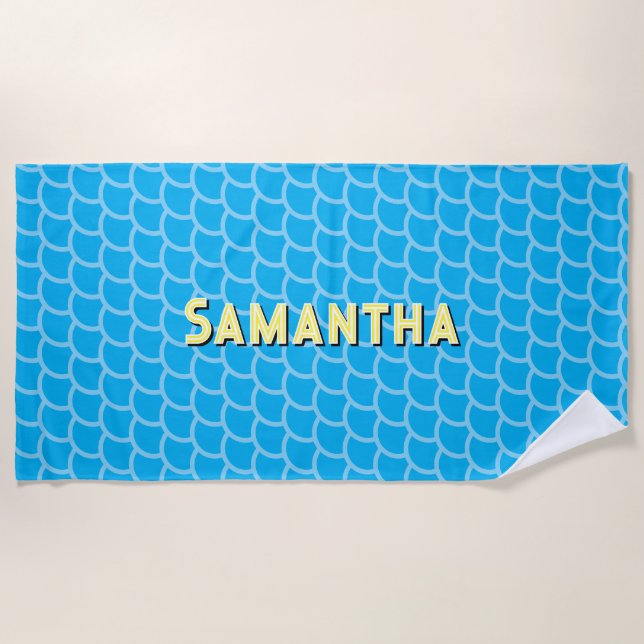 Serviette De Plage Échelles géométriques bleu ciel Nom jaune (Devant)