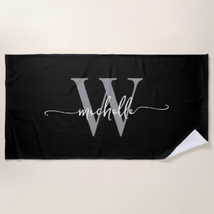 Serviette De Plage Écriture de nom de monogramme gris noir moderne él